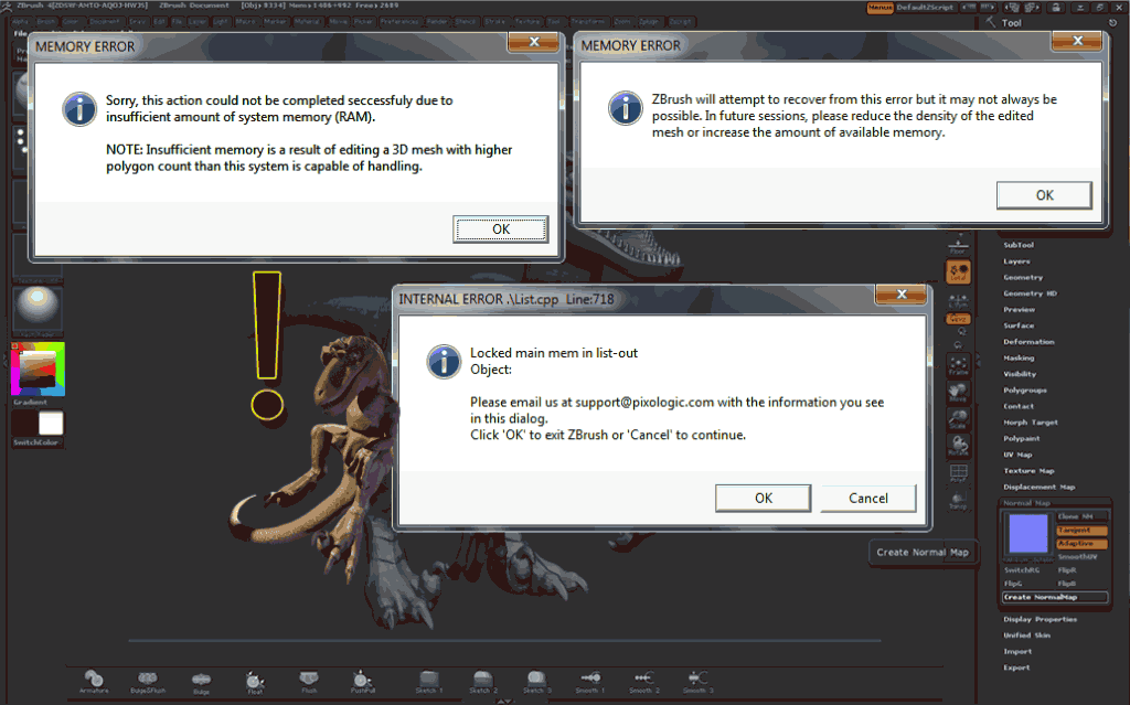 Memory Error windows caused by insufficient memory and possible crash while creating a normal map